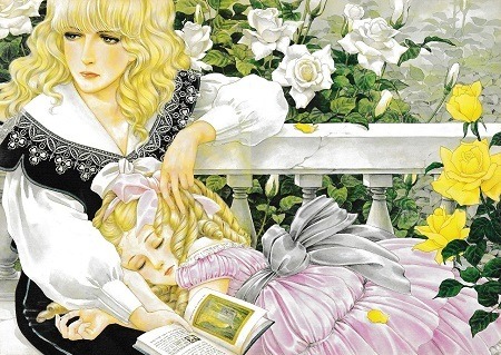 内田善美さんの画集「白雪姫幻想」に収録されてるイラスト「薔薇の午後」薔薇の香りがしてきそうな美しい絵なのですが長年ずっと気になってることが、、、それは少年が開いている本の挿絵のネタ元は？ 拡大して回転