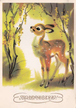 Sovietpostcards:  Baby Deer Birthday Postcard, Vintage Russian Postcard (1986), Artist