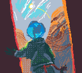 Positive vent art using the EDG16 palette on Pixaki. B peers through a large opening that exits into a scape of mesas. The camera is in sort of a worm’s eye view, but not totally. B has its hand on the doorframe and a jacket on with its back facing the camera. The day is a mixture of cloudy and sunny, with half of the sun hiding in clouds.
