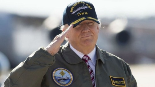 donaldtrumphats: Rare Trump in USS Gerald Ford hat.