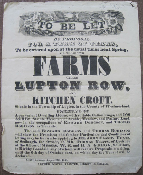 Two broadsides printed by Arthur Foster advertising land and farm equipment for sale or rental in Ki