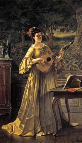 Theodore Ceriez (1832 - 1904) Musician lady in a salon;  Le Joueur de Luth