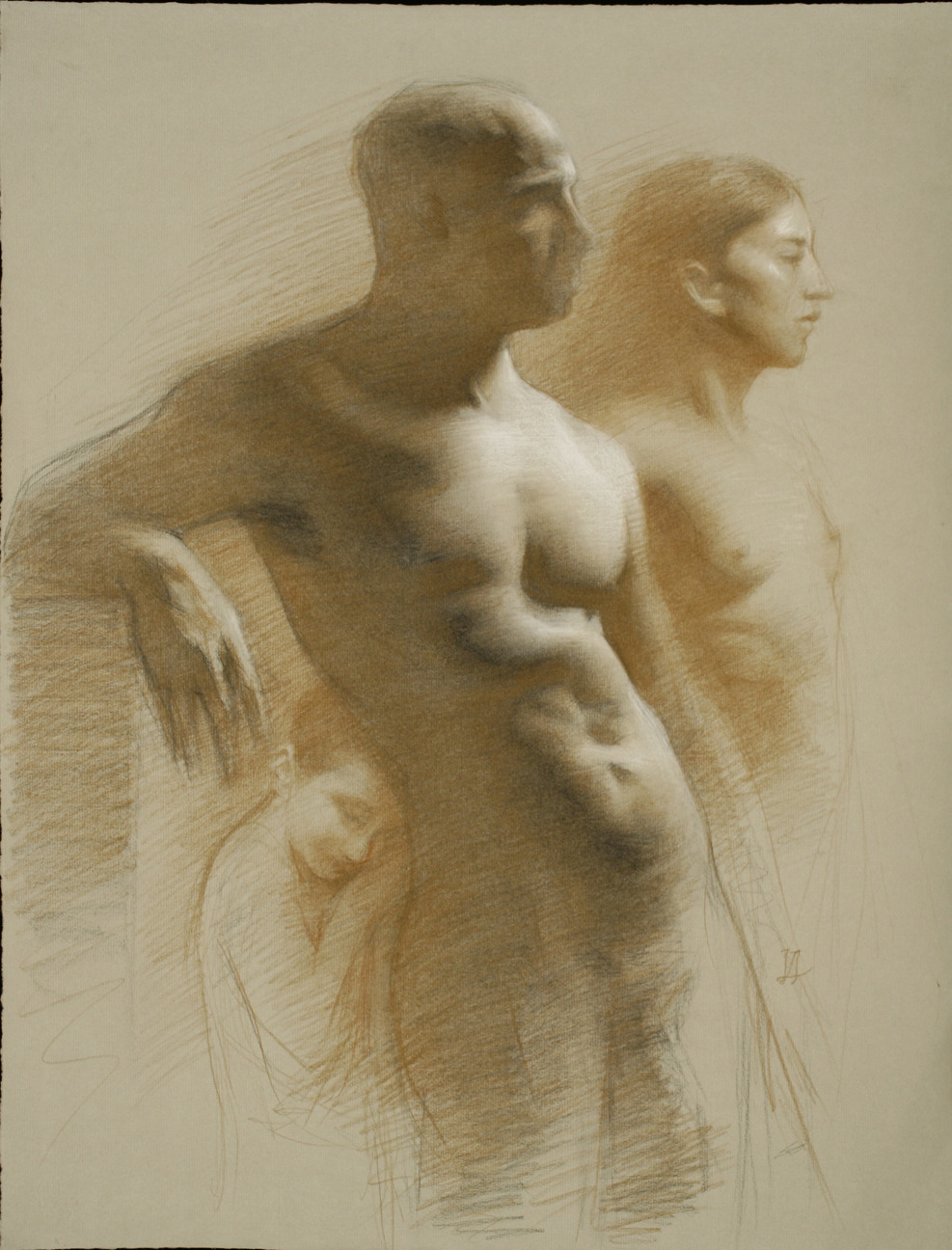 Juliette Aristides - Family - 24”x 18” -  Charcoal and sepia on toned paper