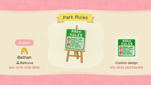 acnhcustomdesigns:park rules sign designed by bethan of bellcove