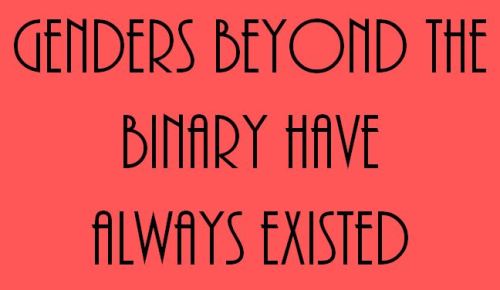 lgbtqi-support-equality:  {red background with black text saying “Genders beyond the binary have always existed”} My image, no reposts or removing caption. 