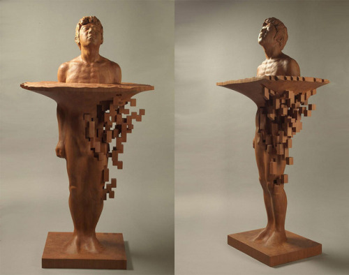 nowheresheepdog:  littlelimpstiff14u2: Pixelated Wood Sculptures Carved by Hsu Tung Han In a clash of digital and analogue, artist Hsu Tung Han  carves figurative sculptures from wood that appear to be dissolving  into fields of pixels. The Taiwanese