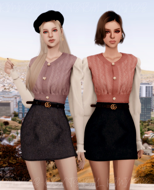 [RIMINGS] Puff-sleeve Short Kint Blouse & Belt A-line Skirt- TOP / BOTTOM- NEW MESH- ALL LODs- N