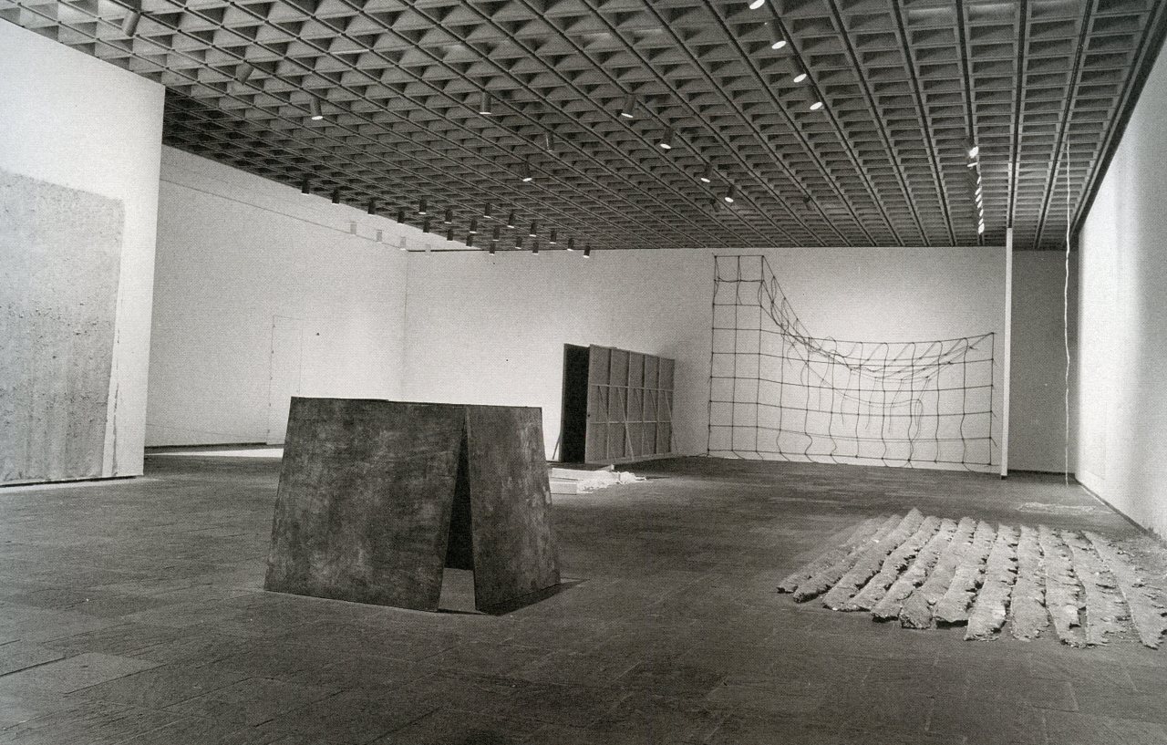 Anti-Illusion: Procedures/Materials, Whitney Museum of American Art, 1969: Richard Serra, One Ton Prop; Keith Sonnier, Flocked Wall; Bruce Nauman, Performance Corridor; Robert Rohm, Untitled; Eva Hesse, Untitled (Ice Piece); Richard Serra, Casting....