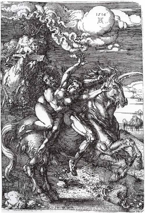 artist-durer:Abduction of Proserpine on a Unicorn, 1516, Albrecht DürerMedium: etching,iron