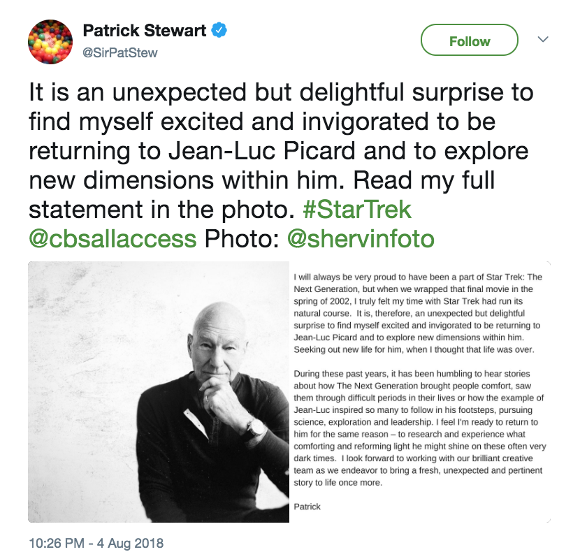 yoyo-inspace: Patrick Stewart To Star In New ‘Star Trek’ Series As Jean-Luc Picard