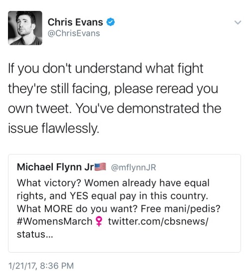 weheartchrisevans: (x) [Image: a tweet from Chris Evans responding to Twitter user mflynnJR.mflynnJR