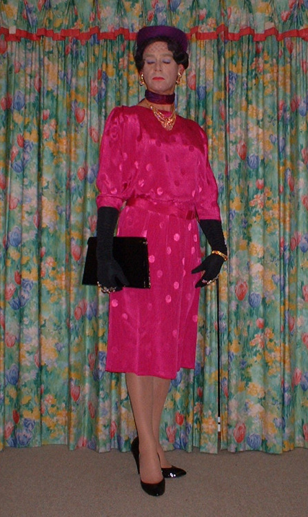 My pink satin dress with hat clutch bag and diamante jewelry.