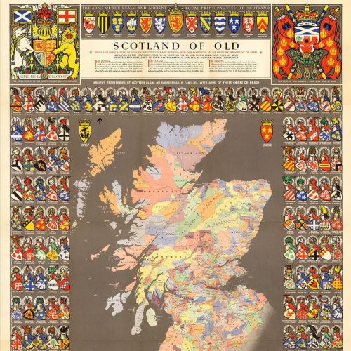 This is a cool map of the Scottish clans. It features the coat of arms of all the clans and the corr