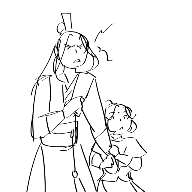 Jiang Cheng telling someone off, hunched over slightly so Jin Ling can clutch at his arm. Jin Ling is around 6 years old. He looks keenly interested and mildly surprised.