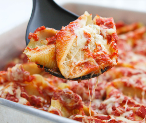 Four-Cheese Stuffed ShellsServings: 8 Ingredients: 12-oz. box jumbo shells pasta 15-oz. container 