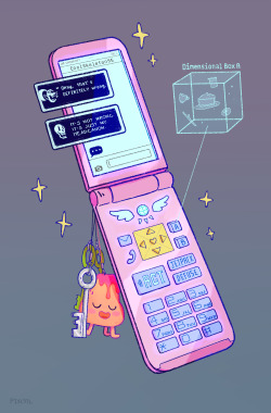 pixlotl:  Hereee’s my piece for the @saveerasezine!  I thought it might be fun to design the phone that Toriel gives you, with all the cool features added by Alphys! ( the keys are put on your “keychain” but they also make nice phone-charms haha