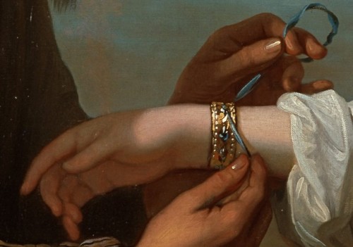 paintingispoetry:Benjamin West, Isaac’s servant tying the bracelet on Rebecca’s arm detail, 1775