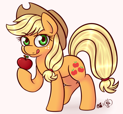 notenoughapples:A collab/trade with bloodorangepancakes! They drew a cutie Applejack that was hella fun to color! <3^w^