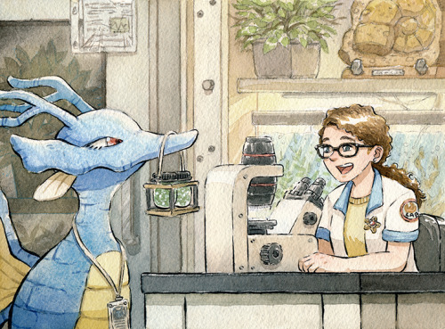 The helpful lab assistant Kingdra, delivers some microbe samples to the Pokemon Marine Biologist! Th