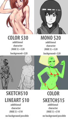 I am opening up a couple of slots here.FULL COLOR SLOTS SOLD OUT.4 monotone (1 taken up!) 5 sketch/lineart  (1 taken up!)4 color sketches (1 taken up!)I’ll reblog this post with further updates like amount of slots available and stuff.Just contact