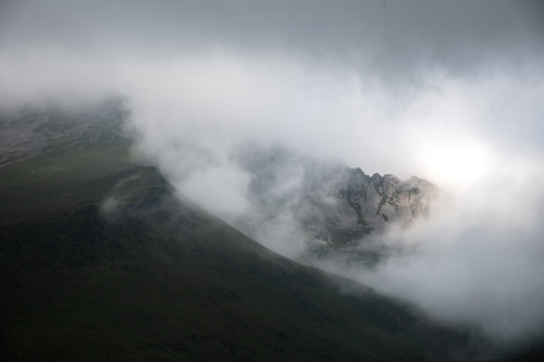 The cloud covered peak of Garnedd Goch and parts of the Nantlle Ridge emerging from the shroud 