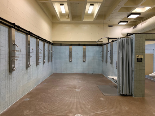 The showers in the men’s locker room in the Heskett Center at Wichita State University, Kansas.