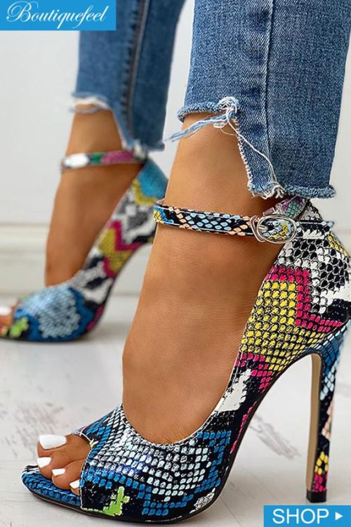 hottest-shoes:Peep Toe Colours Snakeskin Print Thin Heels