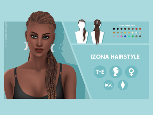 Izona HairstyleMaxis Match HairstyleAvailable for Teens-Elders24 EA swatchesHat compatibleBGCDownloa