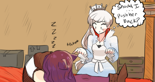 bonpyro:  weiss pokes with her pinky because much etiquette very fancy so princess bonus:  intense collaboration (we sketched together realtime and nothing was planned, I took control of one panel and she the next. kind of like image roleplaying! I drew