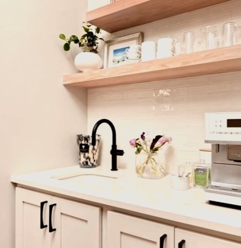 Home Bar L-ShapeWet Bar - Mid-sized Contemporary L-shaped Medium Tone Wood Floor Wet Bar Idea With An