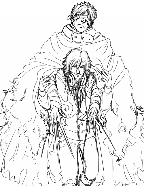eemamminy:line work for a future print. Morphine “Aoba” and Ren B)