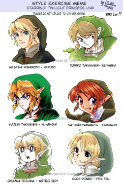 lightsintheskye:  Zelda Style Exercise Meme! 1 of ???  So i started a mini project where I want to try and draw Twilight Princess Link in all of my favorite Mangaka’s (and some animators) style. Style Exercises like this are a really fun way to test