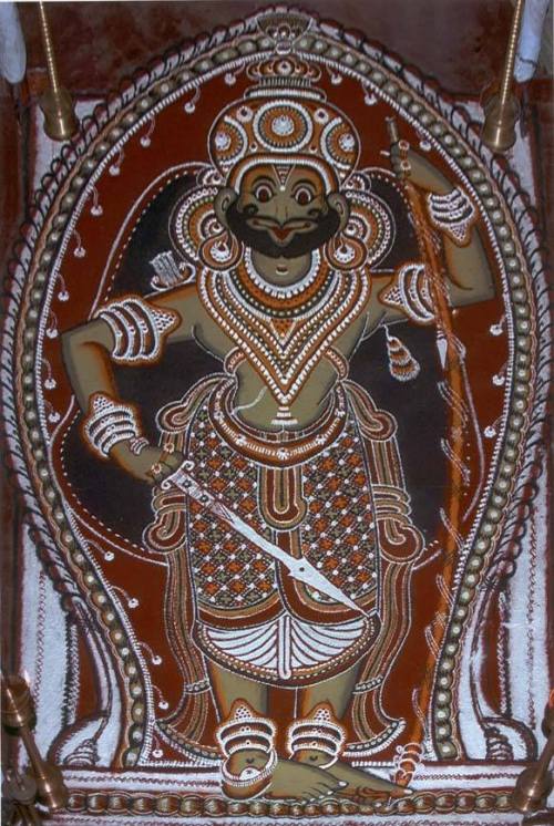 Kirata Mooorthy, Shiva as a hunter, design made of colorful powder for worship, Kerala