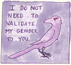 imagecaptain:  incendavery:  it’s been a long day  [a drawing of an angry looking bird in light purple colors. next to it is the text: “i do not need to validate my gender to you.”] 