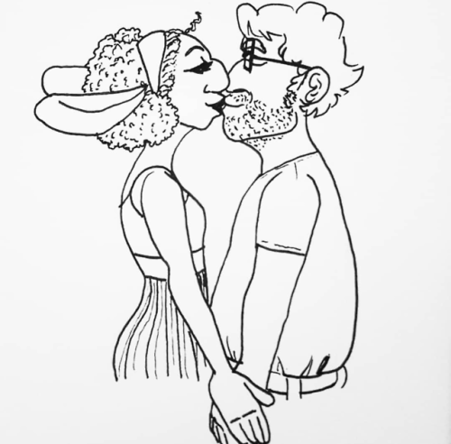 barry-jay-bluejeans:[Image Description: An ink drawing of Lup and Barry kissing. Lup is a skinny elf