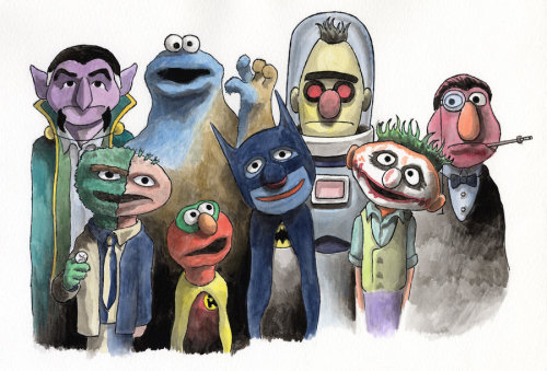 niko-yuki:  *clears throat* The Count + Ra’s al Ghul, Clayface + Cookie Monster, Oscar the Grouch + Two-Face, Robin + Elmo, Grover + Batman, Mr. Freeze + Bert, Ernie + the Joker, The Penguin + Telly Monster, This is just too much for words… 
