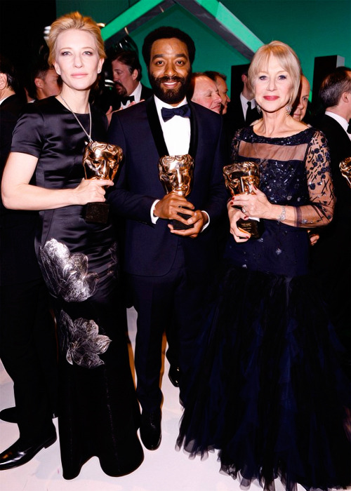 gifthescreen: Cate Blanchett, Chiwetel Ejiofor and Helen Mirren pose with their 2014 BAFTA Awards