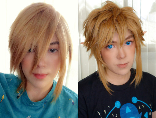 BotW Link progress! The wig before and after I styled it, and a closer look at the makeup!I’m 