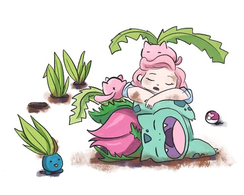 Sleepy garden fam &ndash; my trainersona and my fave boys! I’m a grass/fairy trainer, but 