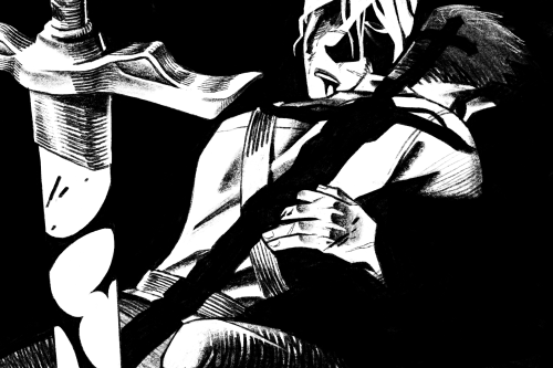 Black and white drawing of a scene from chapter 397 of Omniscient reader's viewpoint. It depicts Jung Heewon hugging Lee Hyunsung's limp body in front of her sword with his back to the viewer, accepting that it's the end for them. The sword on front of them casts a shadow on Lee Hyunsung's body, the cross of it's pommel landing on the back of his head.