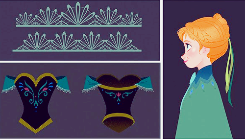yamino:   Frozen - Costume Design (x)   “ The costumes in this film kind of have a life of their own. Whenever possible, they tell a visual story that supports the narrative. The cut, color and detail work on every piece of clothing is designed the