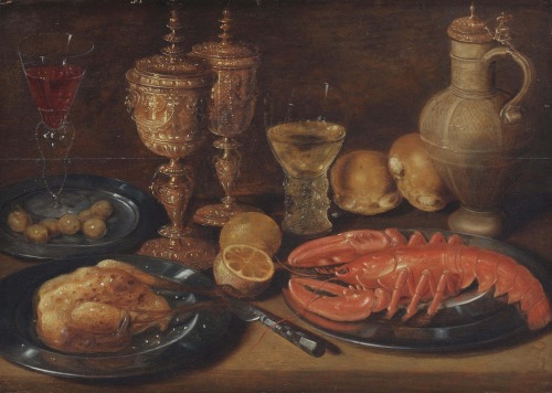 pintoras:Follower of Clara Peeters (Flemish, 1584 - 1657): A roasted chicken, lobster, olives, lemon