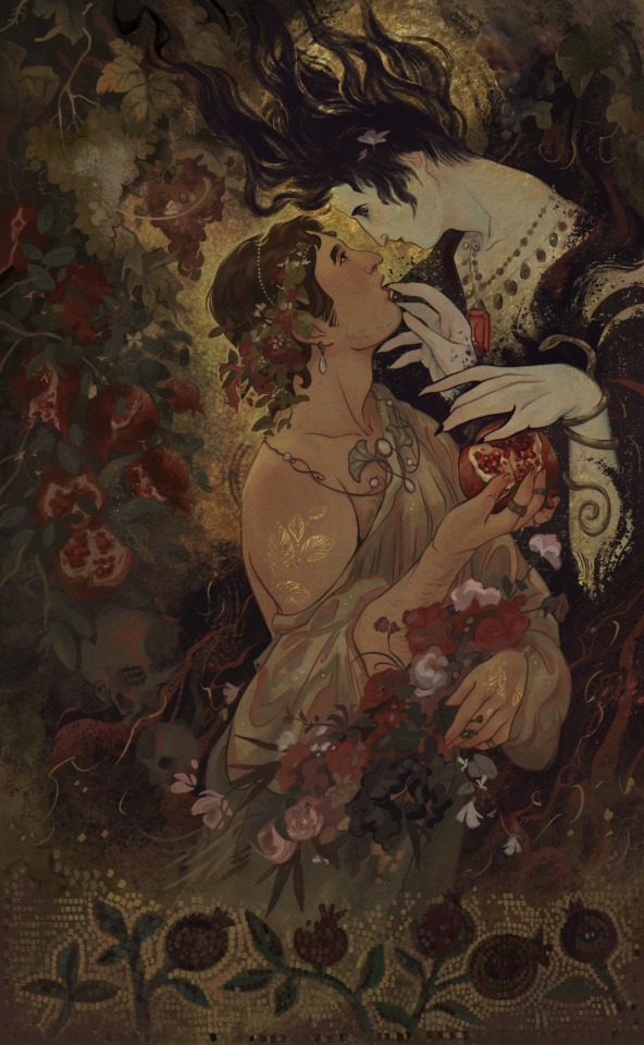 Fanart depicting Dream and Hob Gadling from the Sandman comics, portrayed in a romantic Greek mythology setting with Dream as Hades and Hob as Persephone. 