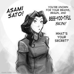 zzleigh:  After seeing the preview for the finale I made a headcanon where Asami makes an offshoot branch of her company that sells functional cosmetics Naturally Baatar is the only one who didn’t have any 