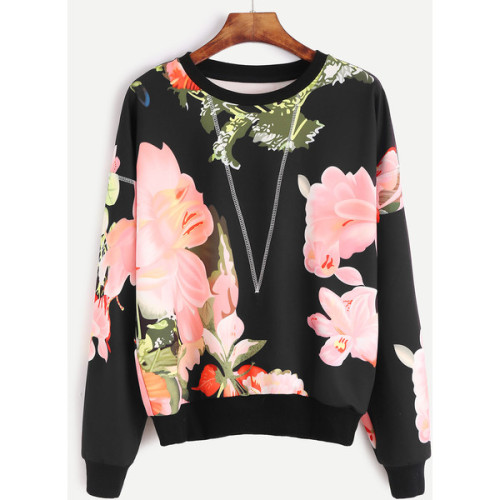 SheIn(sheinside) Black Flower Print Topstitch Sweatshirt ❤ liked on Polyvore (see more stitch tops)