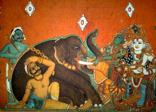 The Killing of the Elephant Kuvalayapida by Krishna and Balarama, Kerala temple mural