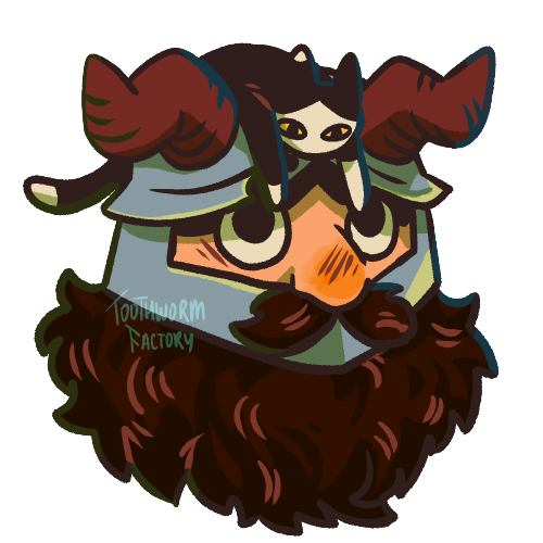 Drawing of Izutsumi and Senshi from Dungeon Meshi, with a small Izutsumi resting on the top of Senshi's helmet.