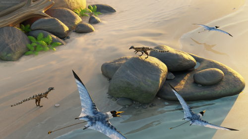 nathan-e-rogers:Solnhofen Sunrise 01Late Jurassic, EuropeCompsognathus dinosaurs explore the early m