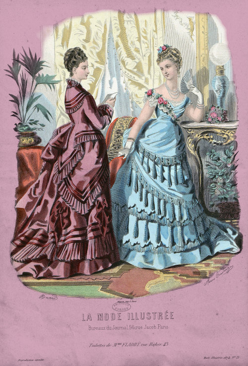 ninepointbleed:La Mode illustrée, no. 21, 24 mai 1874, Paris. Toilettes de Mme Fladry, rue Richer, 4