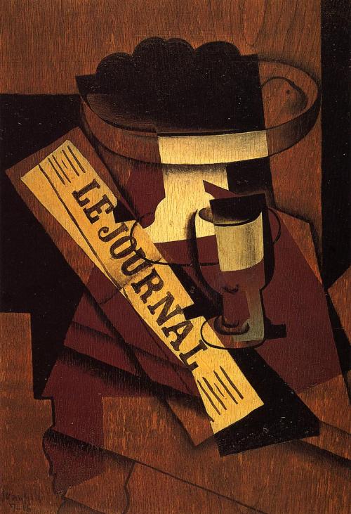 Fruit Dish, Glass and Newspaper by Juan GrisSize: 31x56 cmMedium: oil, panel
